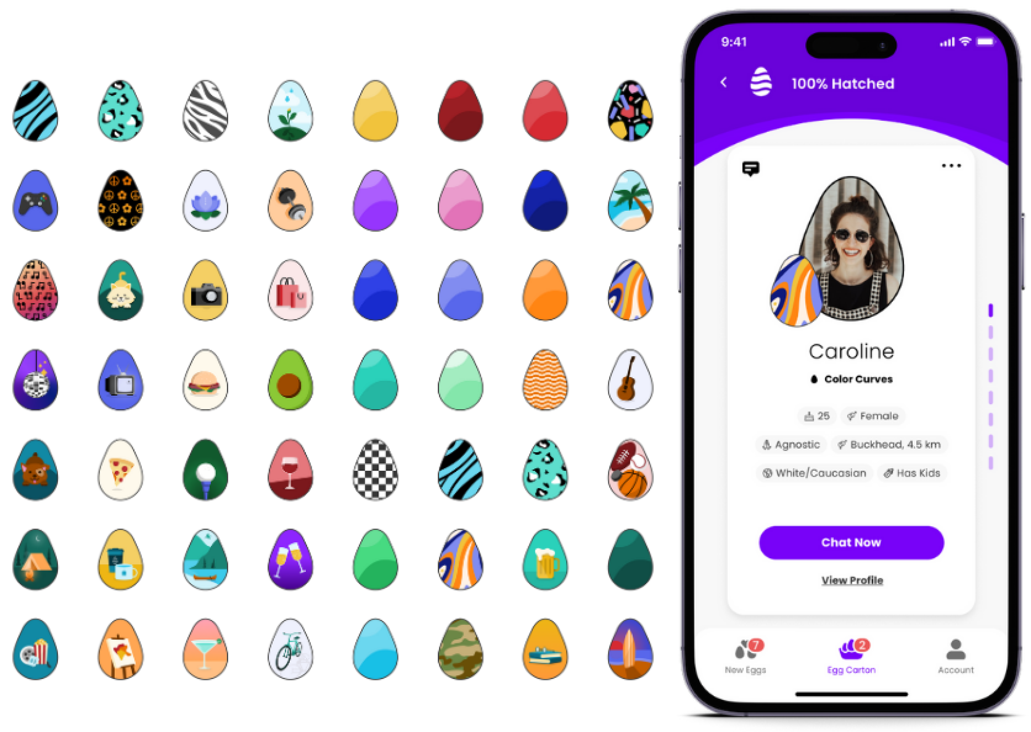 Hatched's Card and Egg Icon Interface shown for users located in Norwalk, Connecticut.