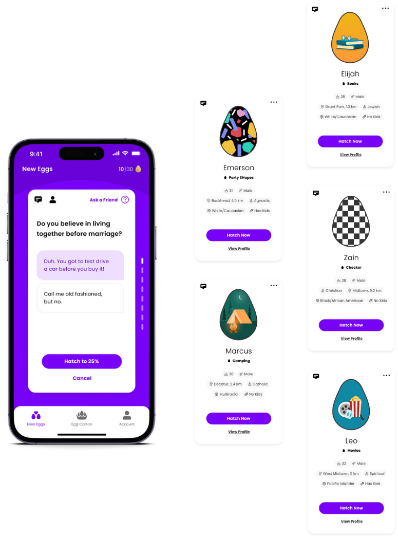 Hatched App's Match Card Examples shown for users located in Norwalk, Connecticut.